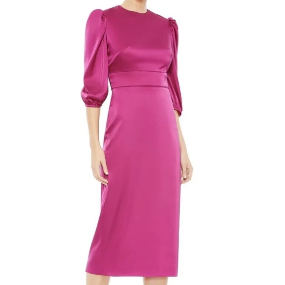 NEW Ieena Mac Duggal Fuchsia Puff Sleeve Satin Midi Cocktail Dress Size 8